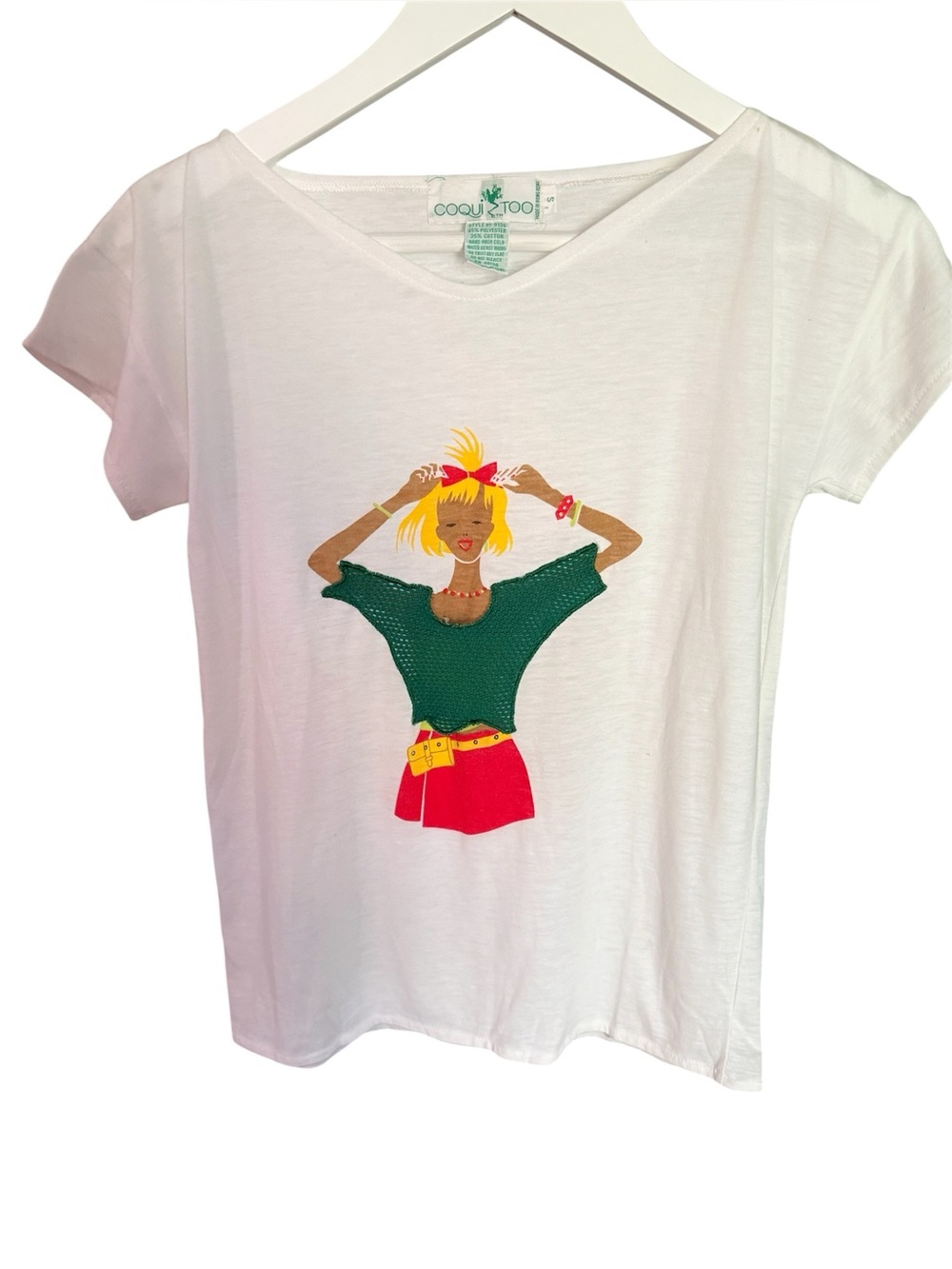 Vintage "COQUÍ TOO" w/small green frog mascot (tag) woman & Material Green top